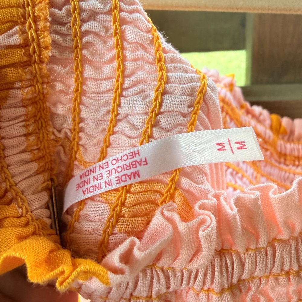 Free People Mila Printed Tangerine Combo Off Shoulder Smocked Mini Dress size M - Picture 5 of 5